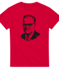 Grafiskt porträtt av Tage Erlander på röd t-shirt – politisk retro design