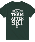 Grön t-shirt med texten "Team After Ski", snöflingor och ölglas