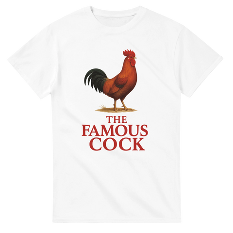 Vit t-shirt med tupp och texten The Famous Cock i stil inspirerad av The Famous Grouse.