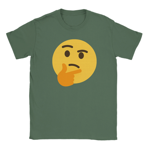 T-shirt med thinking emoji – gul emoji med handen på hakan