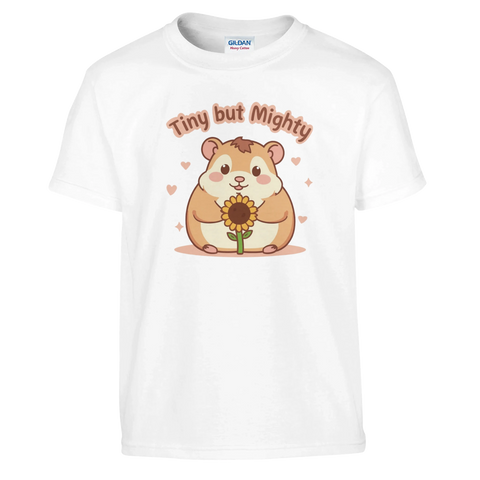 Vit barn-t-shirt med söt hamster som håller en blomma och texten Tiny but Mighty