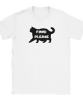 Vit t-shirt med siluett av katt och texten “FOOD PLEASE”