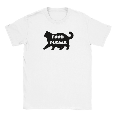 Vit t-shirt med siluett av katt och texten “FOOD PLEASE”