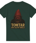 Grön t-shirt med ett hotfullt tomteansikte och texten “Tomtar – Inte alltid snälla”