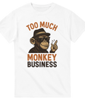 Vit t-shirt med tecknad apa i hatt och solglasögon samt texten "Too Much Monkey Business"