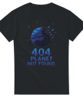 T-shirt med blått sci-fi-motiv av trasig planet i rymden och texten 404: Planet Not Found