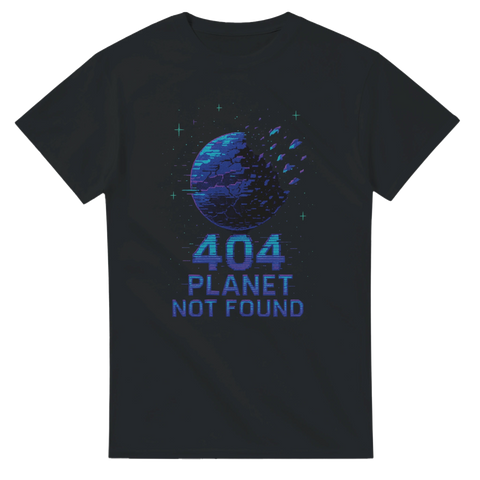 T-shirt med blått sci-fi-motiv av trasig planet i rymden och texten 404: Planet Not Found