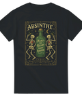T-shirt med absinthe-flaska, två dansande skelett och texten "Absinthe makes the heart grow fonder"