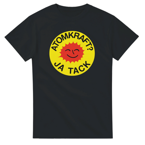 Svart t-shirt med gul logga och texten Atomkraft? Ja tack