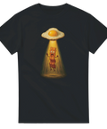 Svart t-shirt med motiv av bacon som strålas upp av ett UFO format som ett stekt ägg