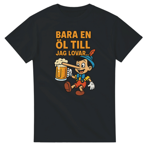 Svart t-shirt med Pinocchio som håller öl och texten Bara en öl till jag lovar