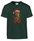 Barn t-shirt med katt i tomteluva och julgransslingor – Julkatten motiv