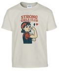 T-shirt för barn med texten "Strong Girls Club" och en tecknad tjej som visar musklerna