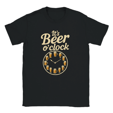 Svart t-shirt med texten "It’s Beer o’clock" och en klocka med ölglas