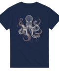T-shirt med stiliserad bläckfisk i vitt och blått mot marinblå bakgrund