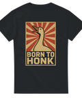 Svart t-shirt med retroinspirerad design av en skrikande vit gås framför röda solstrålar och texten Born To Honk – perfekt för gåsälskare och gamers