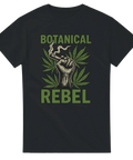 Svart t-shirt med motiv av en knuten näve som håller en rykande joint framför stora cannabisblad och texten "Botanical Rebel"
