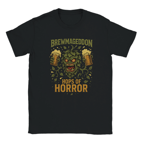 T-shirt med humlemonster och texten Brewmageddon – Hops of Horror, svart