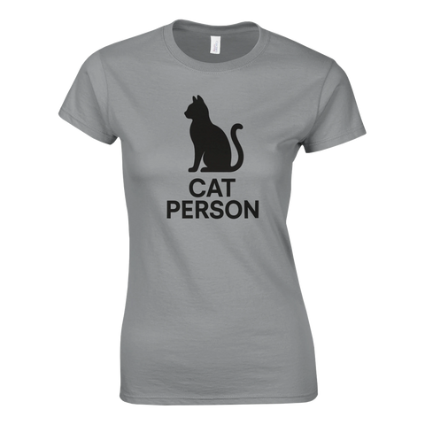 Grå dam-t-shirt med svart siluett av en katt och texten "Cat Person"