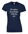 Mörkblå damt-shirt med texten “I’d rather be at home with my cat” i vit stilren font