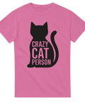 Rosa T-shirt Original med en svart katt-silhuett och texten "Crazy Cat Person" – perfekt för kattälskare och cat moms