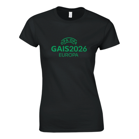 svart dam t-shirt med grön text opa opa gais 2026 europa