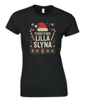 Dam T-shirt med julmotiv och texten ”Tomtens lilla slyna”, humoristisk jultröja