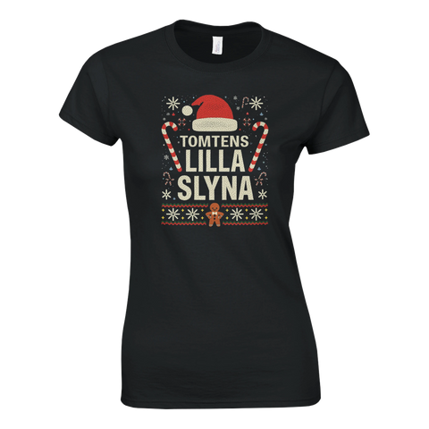 Dam T-shirt med julmotiv och texten ”Tomtens lilla slyna”, humoristisk jultröja