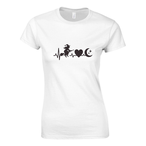 Dam-t-shirt med stilrent häxmotiv, hjärtslag, hjärta och måne.