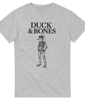Grå t-shirt med skelett i form av en anka med solglasögon och texten Duck & Bones i svart