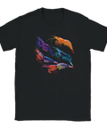 T-shirt med tecknade räkor i färgglad neonstil mot svart bakgrund
