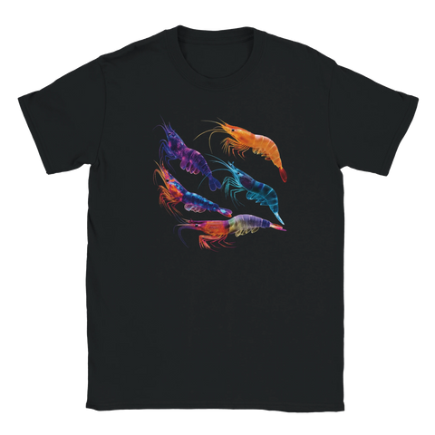 T-shirt med tecknade räkor i färgglad neonstil mot svart bakgrund