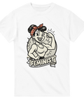 T-shirt med tecknad retrokvinna i pinup-stil som flexar armen, text: "Feminist"