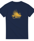 Marinblå t-shirt med gul minimalistisk design av en fluga för flugfiske