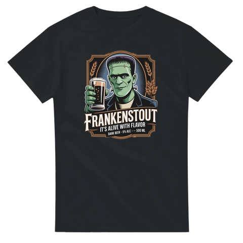 Rolig t-shirt med Frankenstein och ölglas, texten Frankenstout