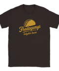 Brun t-shirt med retrotext "Fredagsmys betyder tacos" och en tacografik