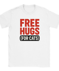 Vit t-shirt med texten Free Hugs (For Cats) i rött och svart