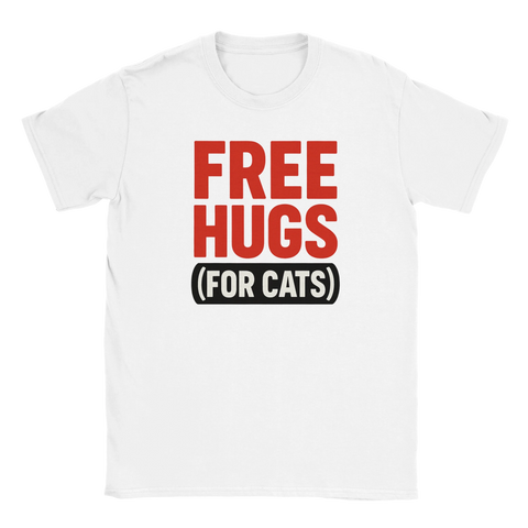 Vit t-shirt med texten Free Hugs (For Cats) i rött och svart