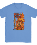 Blå t-shirt med texten "Fun with Fire" och en tecknad pojke med eld