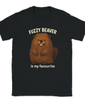Svart t-shirt med tecknad lurvig bäver och texten "Fuzzy Beaver is my favourite", perfekt som humorpresent till vuxna med skämtsam stil