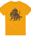 Gul t-shirt med illustration av en katt, råtta och fågel i maffiastil som går i formation