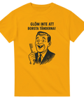 Gul t-shirt med retroillustration av en man som håller en tandborste och texten "Glöm inte att borsta tänderna!"