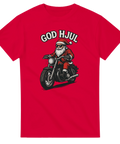 Röd t-shirt med tomte på motorcykel och texten “God Hjul”
