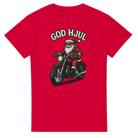 Röd t-shirt med tomte på motorcykel och texten “God Hjul”