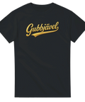 Svart t-shirt med retro textdesign "Gubbjävel" i guldscript