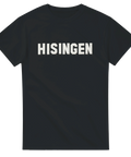 Svart t-shirt med texten HISINGEN i vit blockstil inspirerad av Hollywood – en hyllning till Göteborgs ikoniska stadsdel