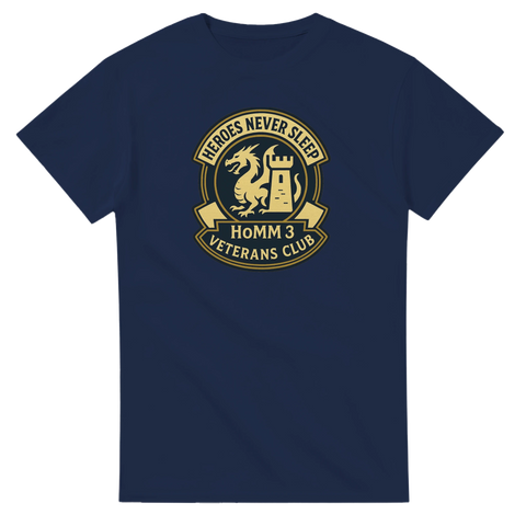 marinblå t-shirt med emblem heroes never sleep homm3 veterans club med drake och torn