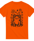 T-shirt med svart teckning av hypnotisk groda med spiralögon och stjärnor