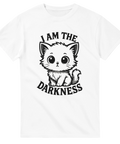 Vit t-shirt med söt tecknad katt och texten "I am the darkness"