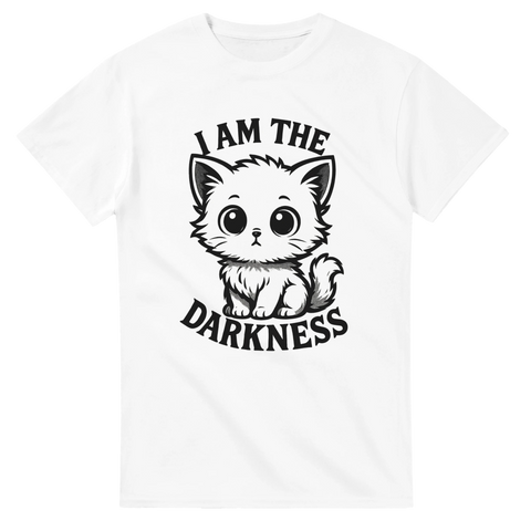 Vit t-shirt med söt tecknad katt och texten "I am the darkness"